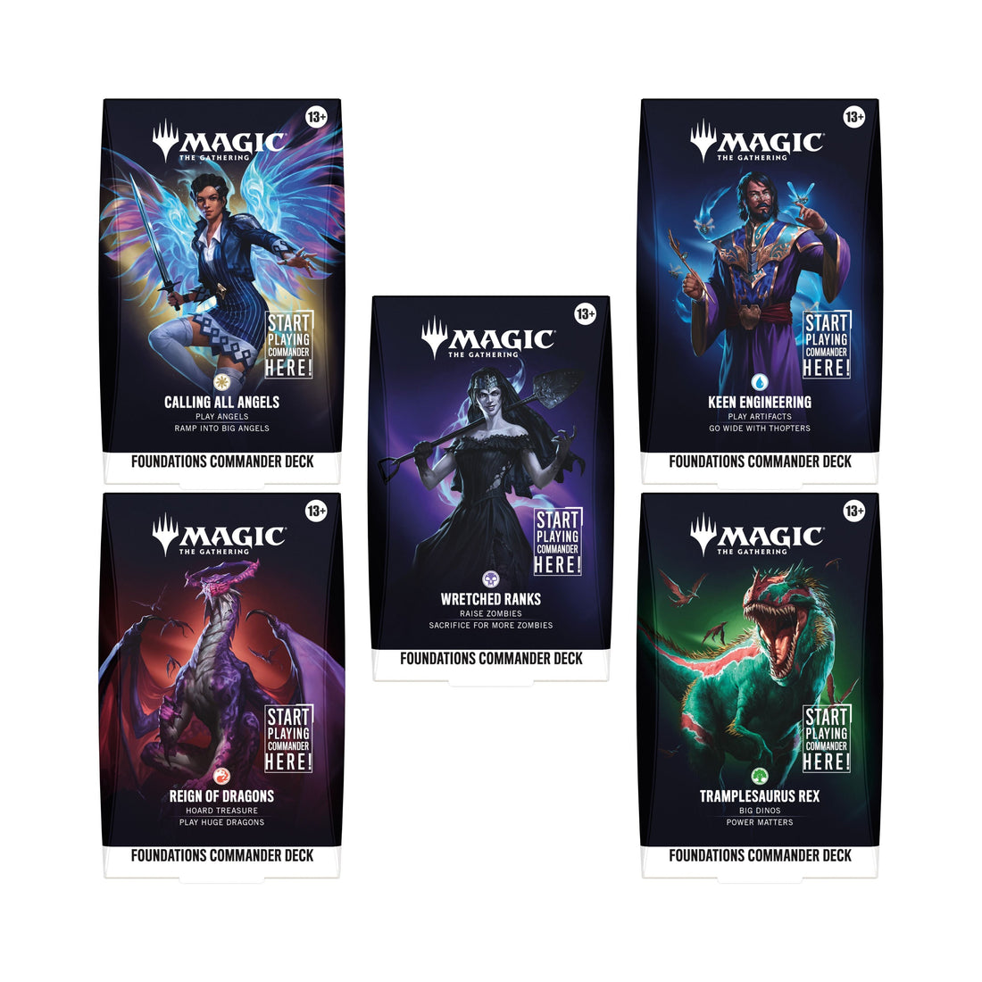 Magic: The Gathering Foundations Commander Deck Set of 5 - MTG Multiplayer Ready-to-Play Deck Bundle Featuring Dragons, Zombies, Angels, Artifacts & Dinosaurs (PREORDER - Release Date Oct. 2, 2026)