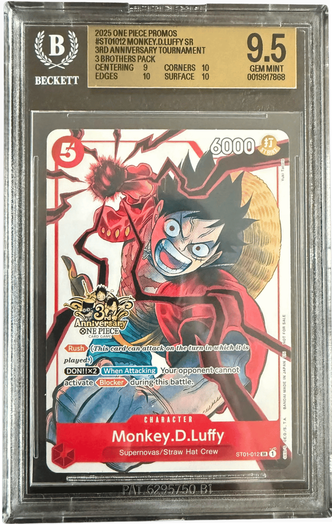Monkey.D.Luffy (3rd Anniversary) (BGS 9.5) ST01-012 - Carrying On His Will: 3rd Anniversary Tournament Cards - Foil